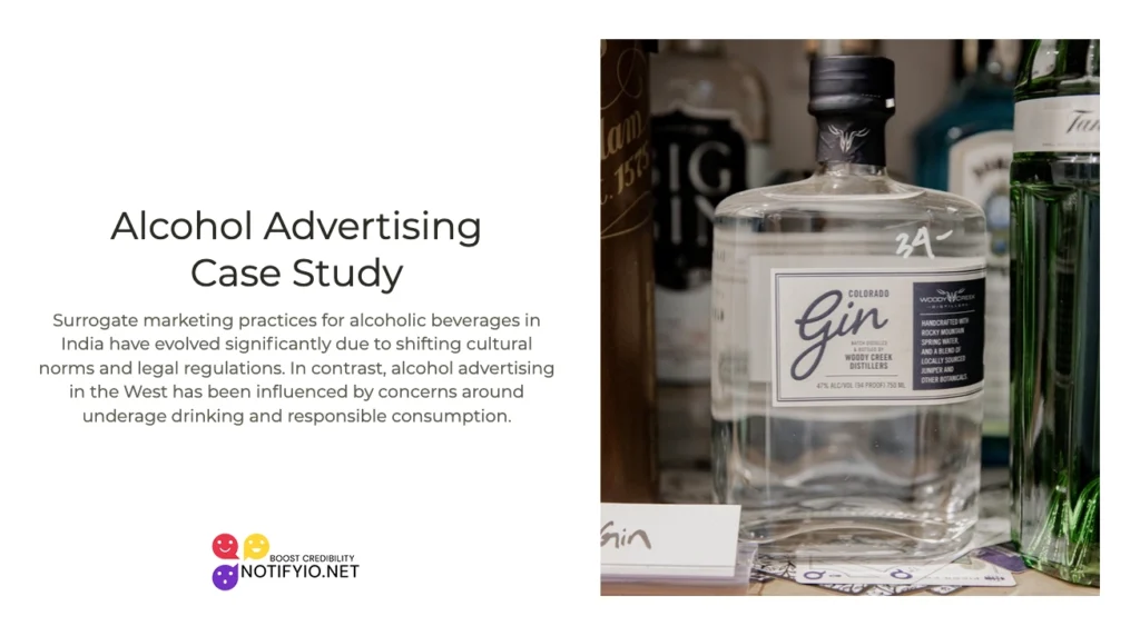 A presentation slide titled "Cultural Marketing in Alcohol Advertising Case Study" with an image displaying bottles of gin and other liquors on a shelf.