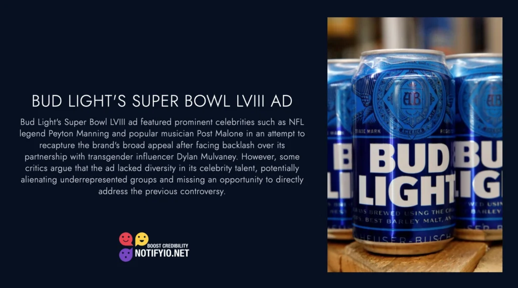Several blue Bud Light beer cans are arranged together, featuring the brand's logo prominently. Accompanying text describes Bud Light's Super Bowl LVIII ad, addressing backlash and diversity efforts, along with mentions of Bud Light's celebrity endorsement.