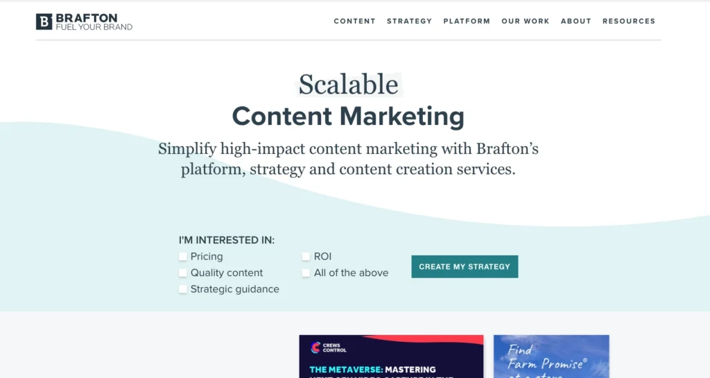         Screenshot of Brafton's homepage highlighting their B2B marketing agencies' content services with menu options and a "create my strategy" button.