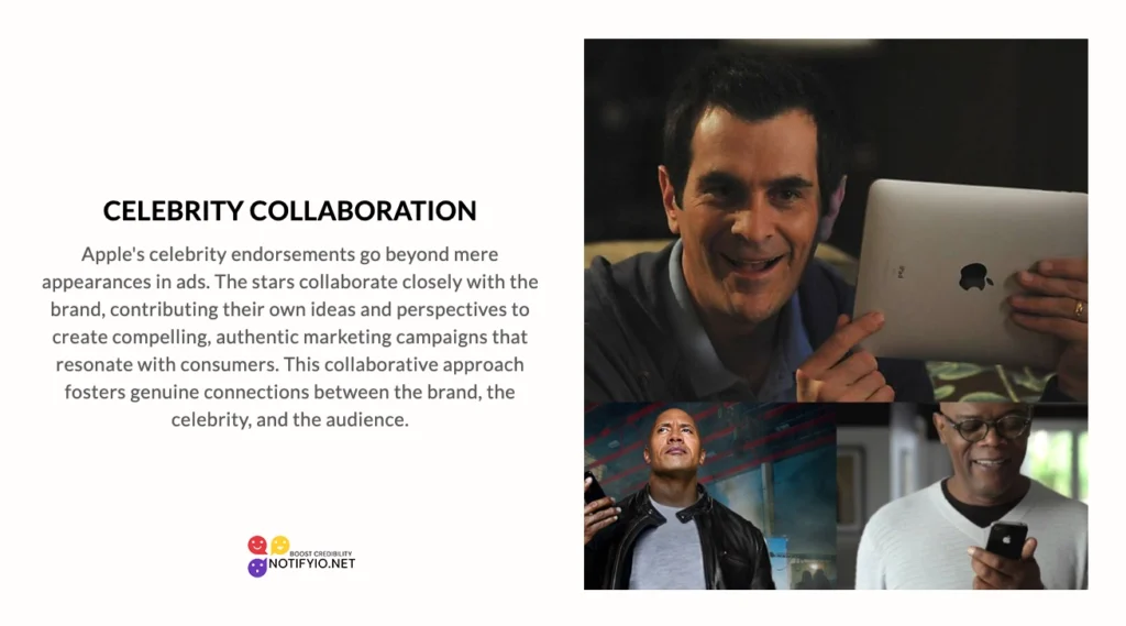 An image showcasing Apple's Celebrity Endorsements with three celebrities collaborating in separate frames. Each frame highlights a brief description of the collaboration concept, detailing the unique aspects of their partnership with Apple. The text emphasizes the synergy between the celebrities and Apple's brand ethos.