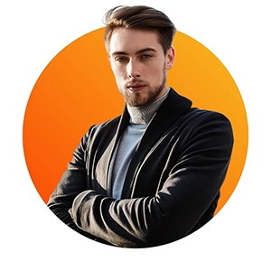 A confident young man with styled hair, wearing a blazer, stands with crossed arms against an orange circular background.