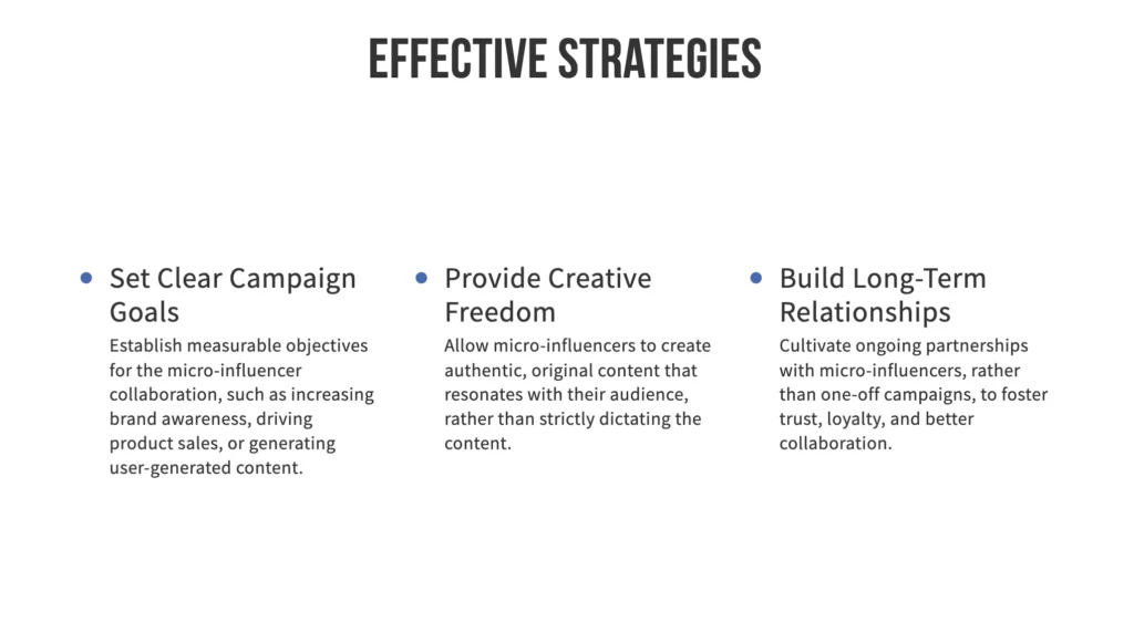 A slide titled "Effective Strategies" lists three strategies: Set Clear Campaign Goals, Provide Creative Freedom, and Build Long-Term Relationships with Micro Influencers, each with a brief description underneath.