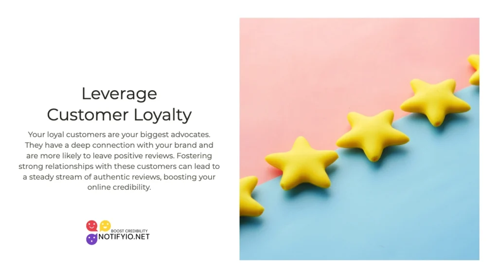 Five yellow star-shaped figures arranged diagonally on a split background of pink and light blue, with text about leveraging customer review emails.
