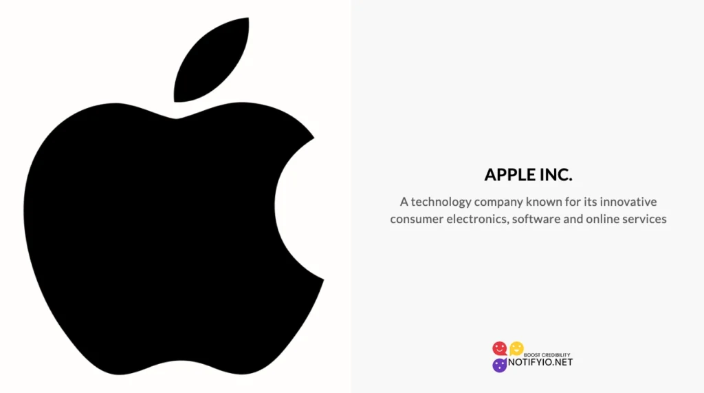 Apple Inc. logo on the left side; text on the right side reads: "Apple Inc. - A technology company known for its innovative consumer electronics, software, and online services, often celebrated through Apple's celebrity endorsements.