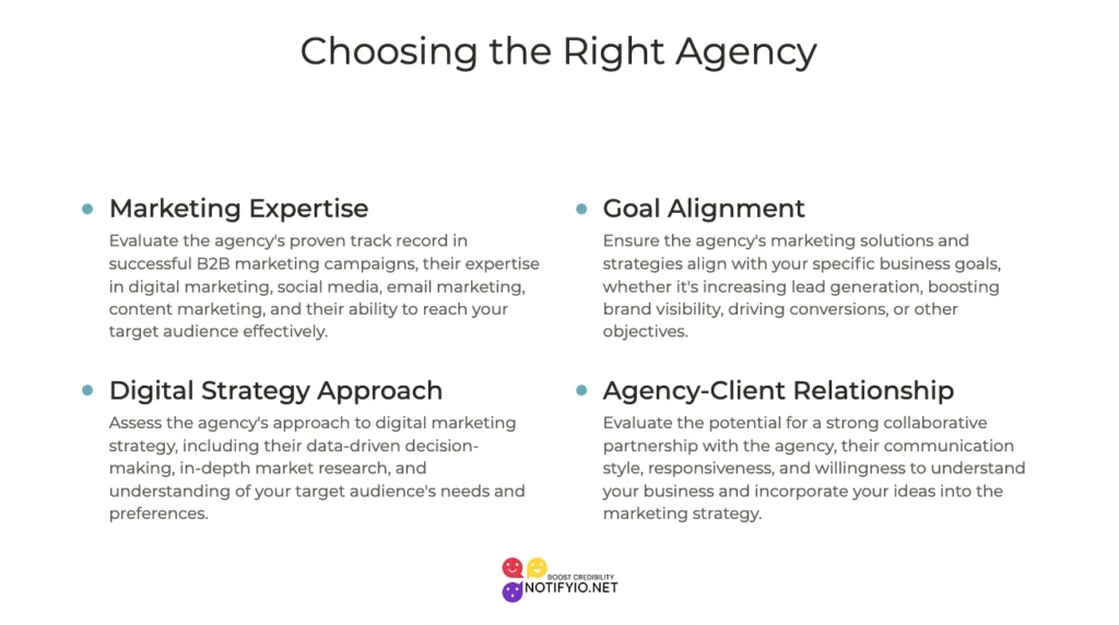 Slide comparing features of B2B marketing agencies, listing four key areas: track record, approach to digital marketing, marketing solutions alignment, and client-agency relationship.