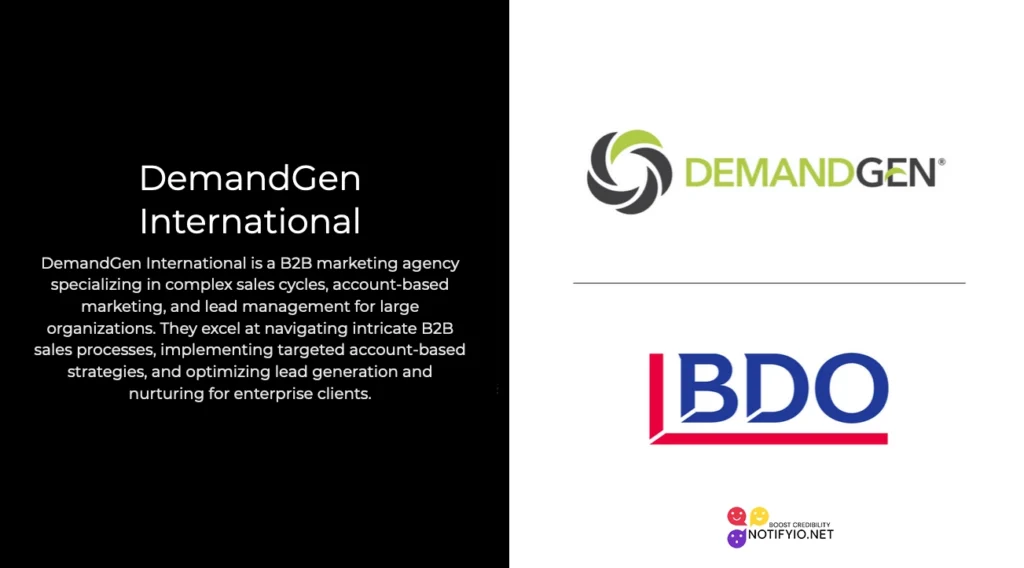 A split image with text on the left describing DemandGen International's B2B marketing services, and on the right, logos of BDO and DemandGen International.