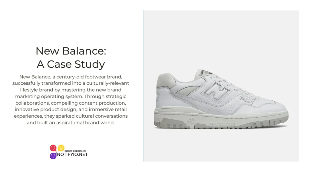 An advertisement slide titled "New Balance: Brand Marketing Case Study" with a photo of a white New Balance sneaker on the right.