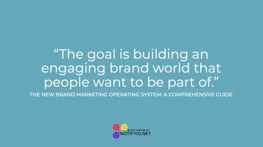 Promotional graphic with text stating "The goal is building an engaging brand marketing world that people want to be part of” from "The New Brand Marketing Operating System: A Comprehensive Guide" by NotifySys.org.
