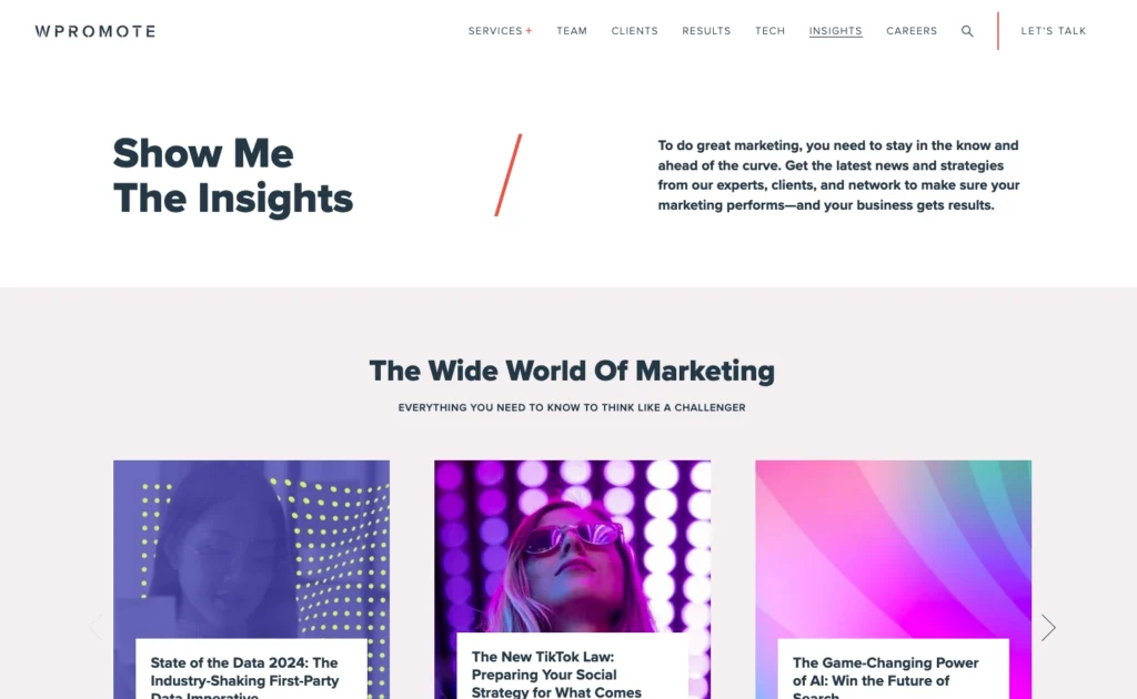 Website homepage for a B2B marketing agency featuring sections titled "show me the insights," "state of data 2022," "the new TikTok law," and "the game-changing power of
