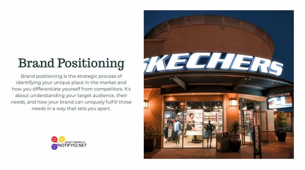 A Skechers store entrance at night beneath a lit sign, with the text "Brand Positioning" and a description about the concept of brand strategy vs marketing strategy on the left side of the image.