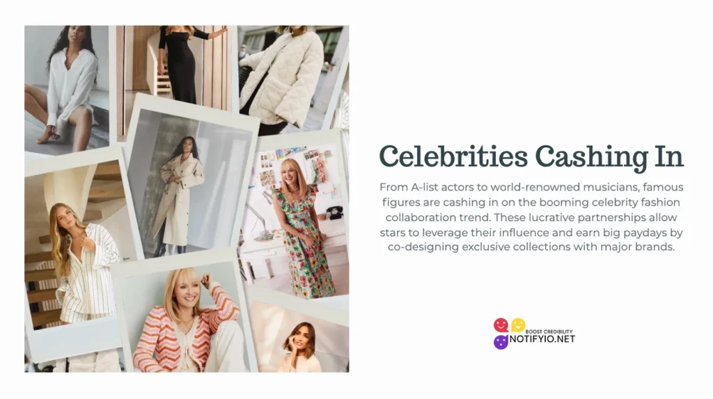 Collage of celebrities showcasing fashion items in various poses. Text beside the collage discusses how Celebrity Fashion Collaborations are capitalizing on partnerships with major brands.