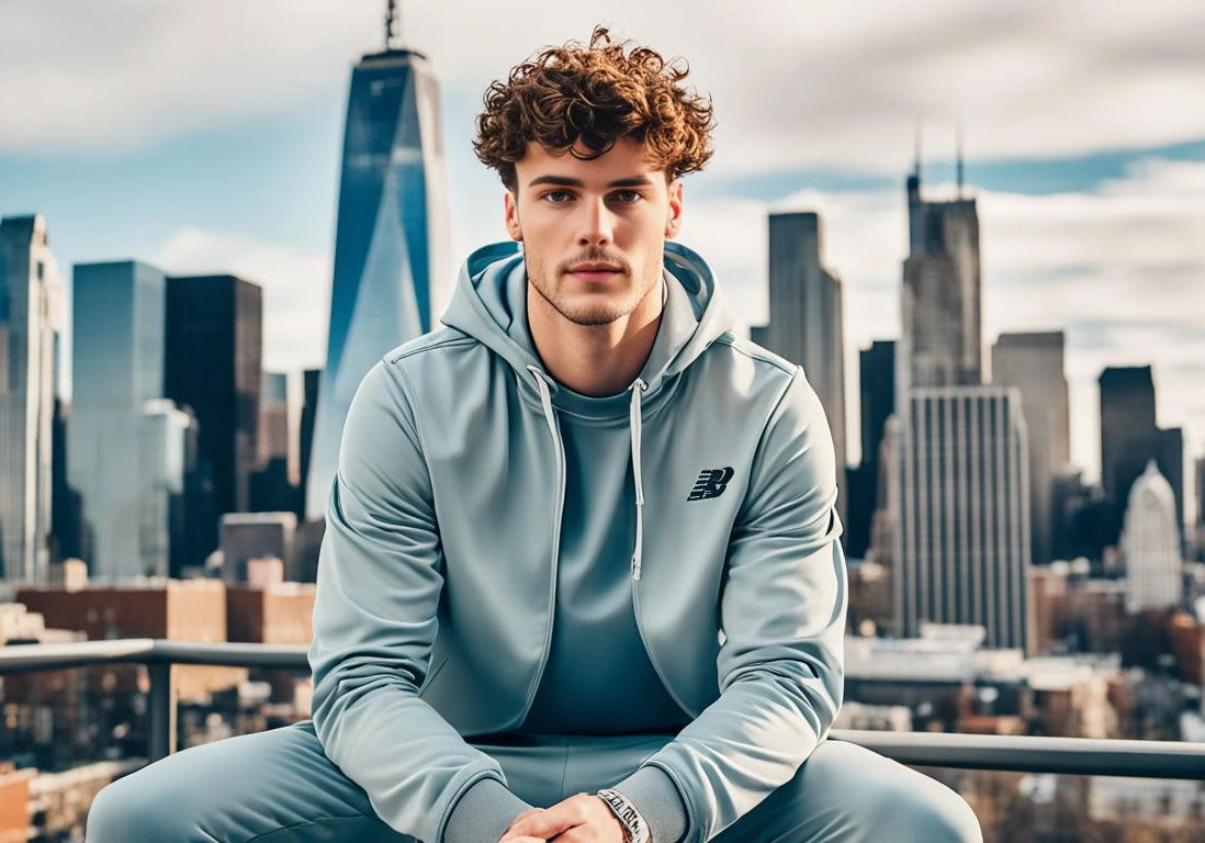 Jack Harlow wearing a light blue tracksuit and New Balance sneakers sits on a railing, with a cityscape and skyscrapers in the background.