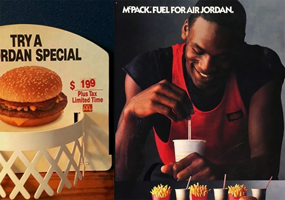         A promotional display featuring a burger with the text "Try a Jordan Special $1.99 Plus Tax Limited Time" and an image of a basketball player enjoying a meal, captioned "MPack: Fuel for Air Jordan," highlighting the power of celebrity food endorsements.