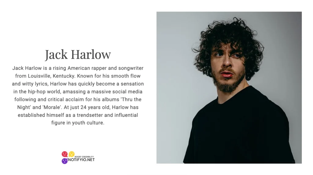 Jack Harlow is wearing a black shirt, stands against a plain background. Text beside him describes his career and influence in hip-hop culture, highlighting his latest New Balance celebrity endorsements.