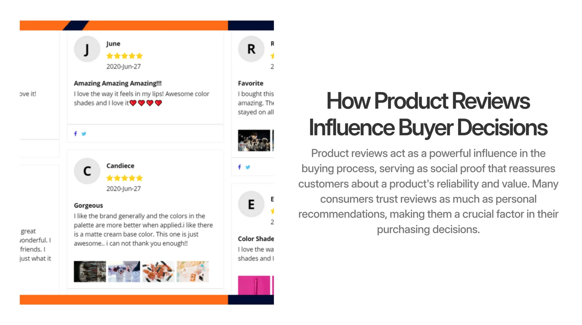 Screenshot showing user reviews for a product on the left and text on the right explaining how product reviews influence buyer decisions, with tips on how to write product reviews that are informative and impactful.