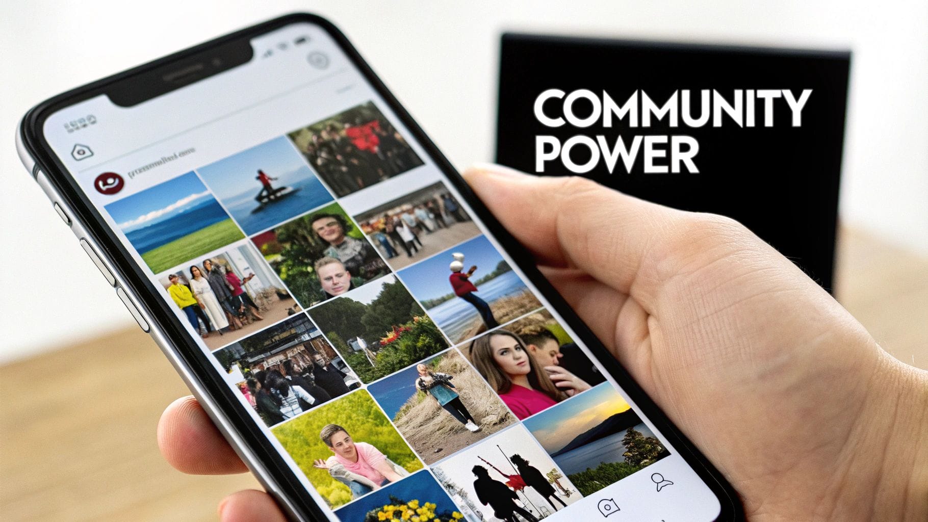 A person holds a smartphone showcasing a social media profile filled with photos. In the background, a black sign reads "Community Power," highlighting the potential of influencer marketing strategies.