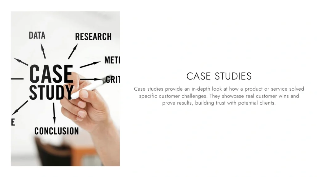 A hand gestures towards a diagram labeled "Case Study," featuring arrows to "Data," "Research," "Criteria," and "Conclusion." Text on the right emphasizes how case studies, like customer testimonial examples, effectively build client trust.
