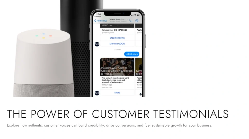 Smart speakers and a smartphone displaying a customer interaction app emphasize the impact of customer testimonial examples in boosting business credibility and fostering growth.