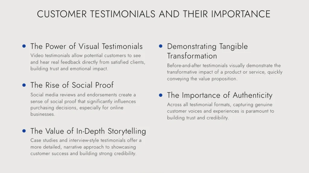 A presentation slide titled "Customer Testimonials and Their Importance" highlights benefits like customer testimonial examples, visual testimonials, social proof, storytelling, tangible transformation, and authenticity.