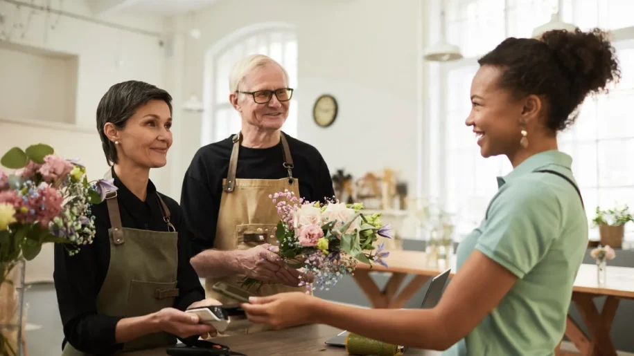 Two florists in aprons stand behind a counter, handing a bouquet to a smiling customer who is paying with a card—an example of excellent customer retention strategies in action. Flowers and the shop’s inviting interior are visible in the background.