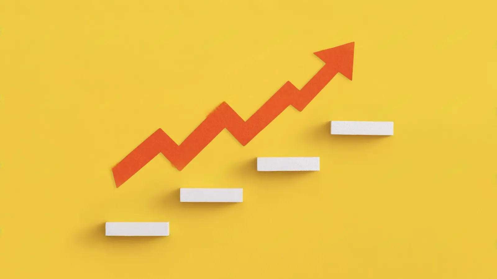A red upward zigzag arrow and four white steps are arranged on a yellow background, illustrating growth, progress, and how to increase conversion rate.