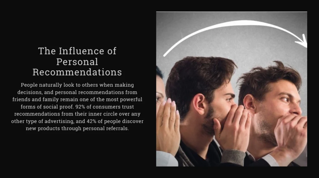 A person whispers in a man's ear, who then shares the secret with another, illustrating the power of personal recommendations and social proof in marketing. The text highlights consumer trust and discovery driven by authentic referrals.