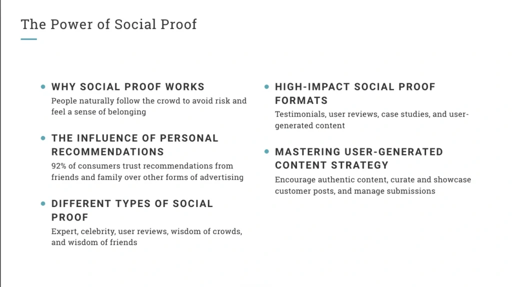 A slide titled "The Power of Social Proof" explores why social proof in marketing works, detailing different types, high-impact formats, and strategies to master user-generated content.