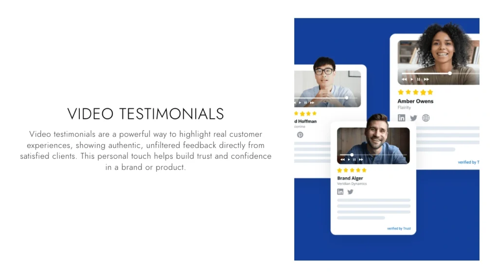A presentation slide showcasing three video testimonials with star ratings and descriptions, highlighting useful customer testimonial examples that underscore the importance of feedback for trust and confidence in a brand or product.