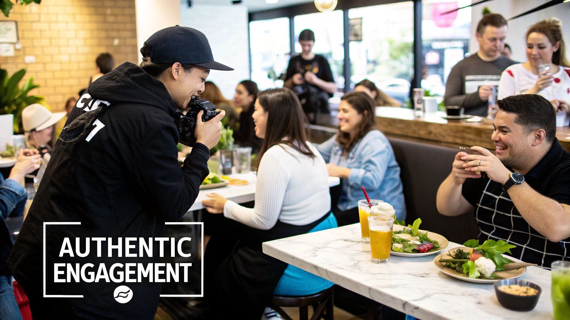 Person photographing people eating and chatting in a restaurant, capturing moments as part of innovative influencer marketing strategies. Text reads "Authentic Engagement.