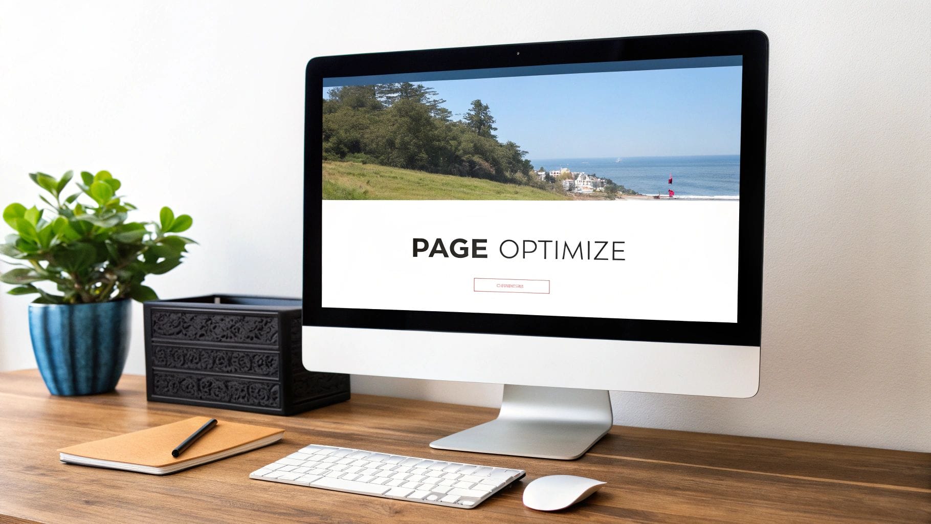 A computer on a desk showcases a webpage titled "Page Optimize" featuring a coastal image. Nearby, essentials like a potted plant, a notebook, and a pen stand ready to jot down insights on how to increase conversion rates efficiently.