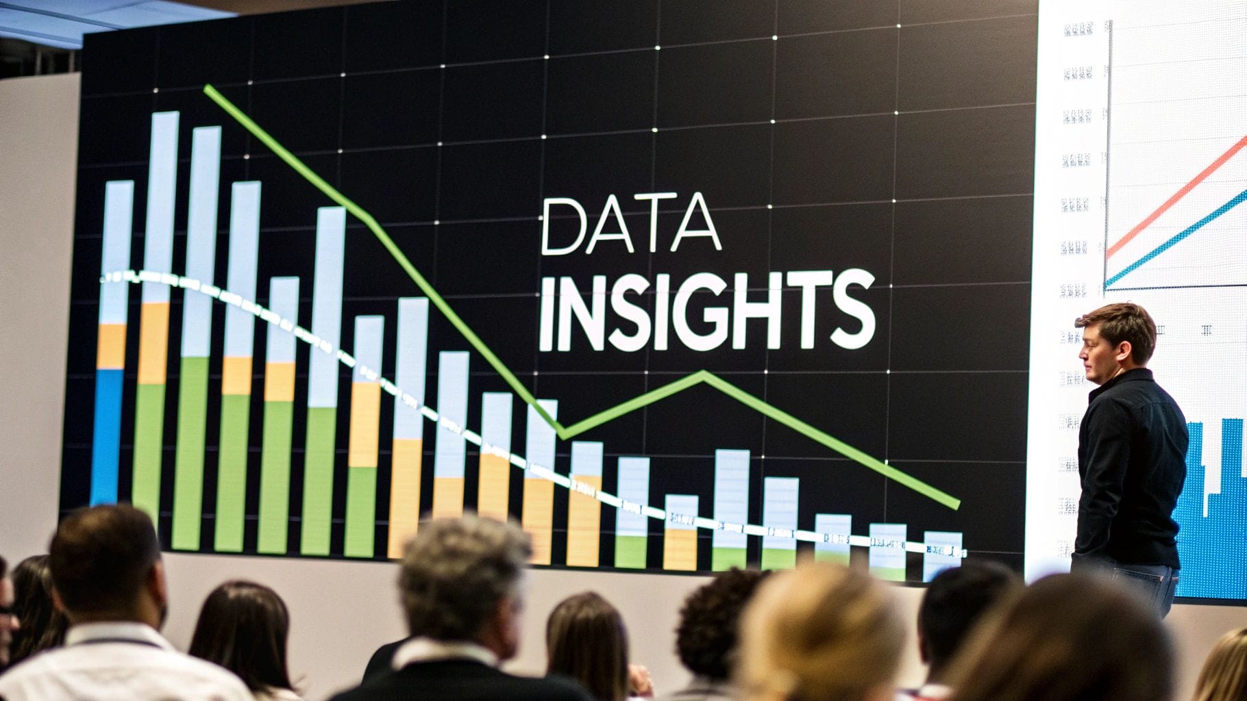 A person presents to an audience in front of a screen displaying a bar and line graph with the words "Data Insights," emphasizing the power of social proof in marketing strategies.
