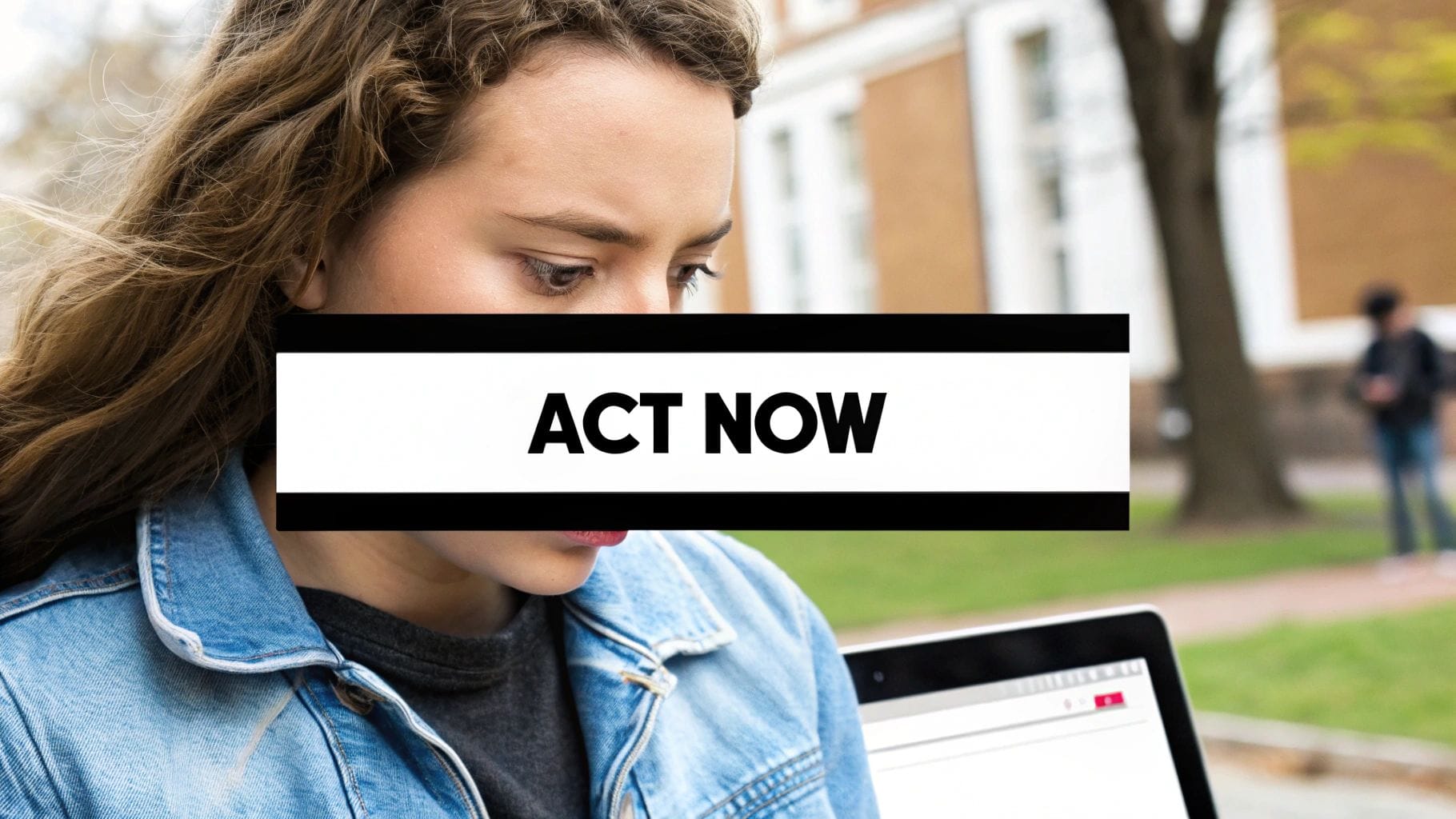 Person with long hair and a denim jacket looking to the side, holding a laptop, with "ACT NOW" written across the image—a bold reminder of how to increase conversion rate effectively.