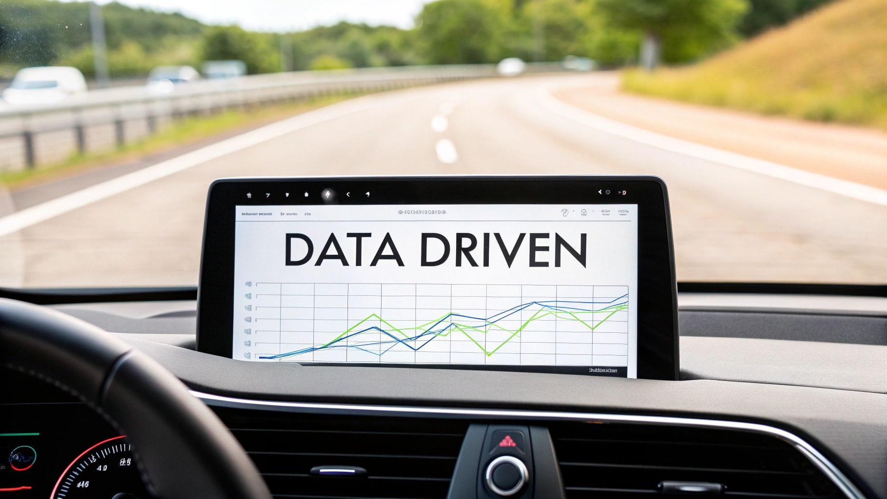 A car dashboard screen displays a graph with the words "Data Driven," emphasizing customer experience improvement as the vehicle cruises down the road.