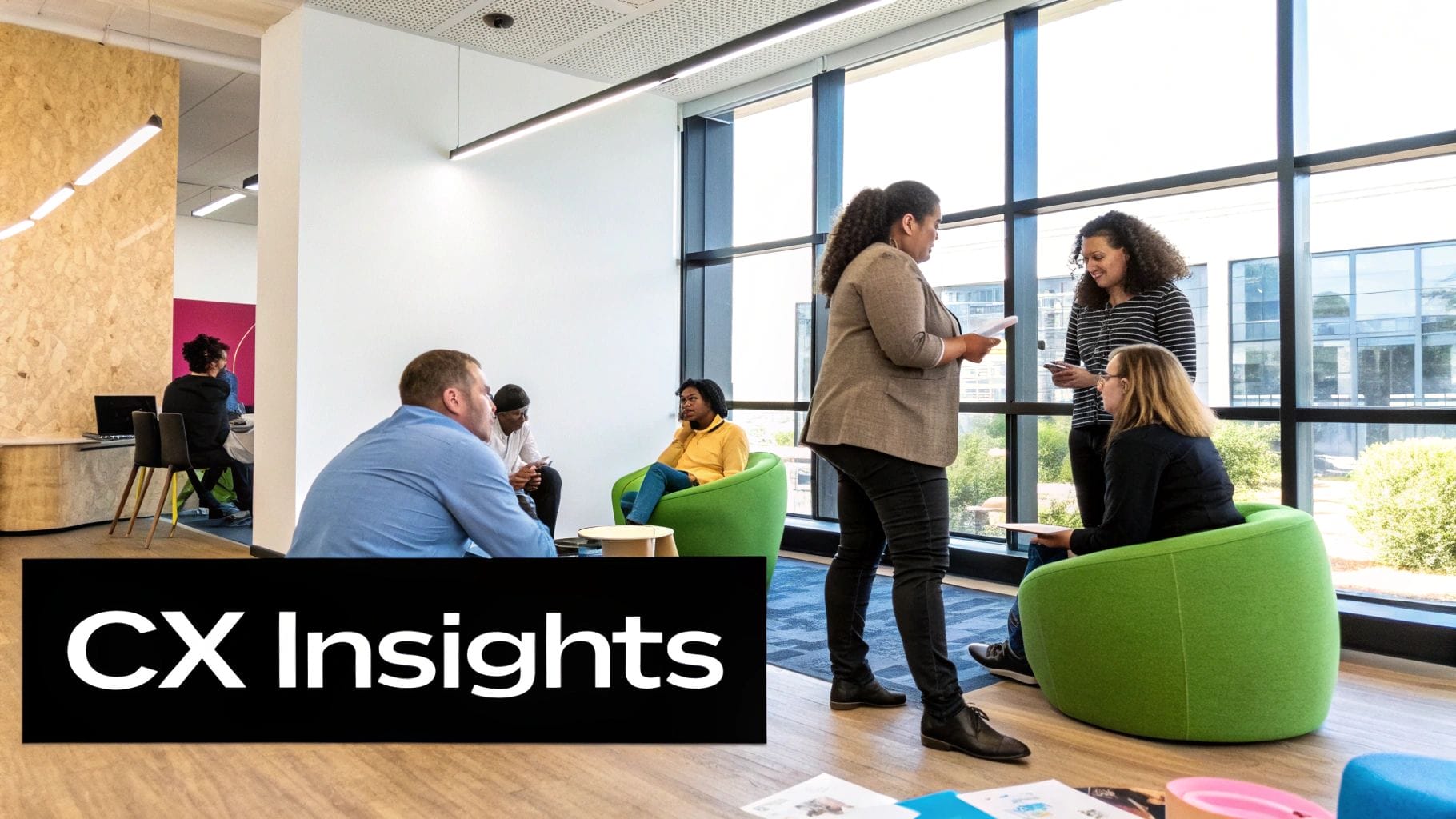 A group of people gathers in a modern office lounge, with some seated and others standing. Large windows flood the space with natural light. Text on the image reads "CX Insights," reflecting a focus on customer experience improvement.