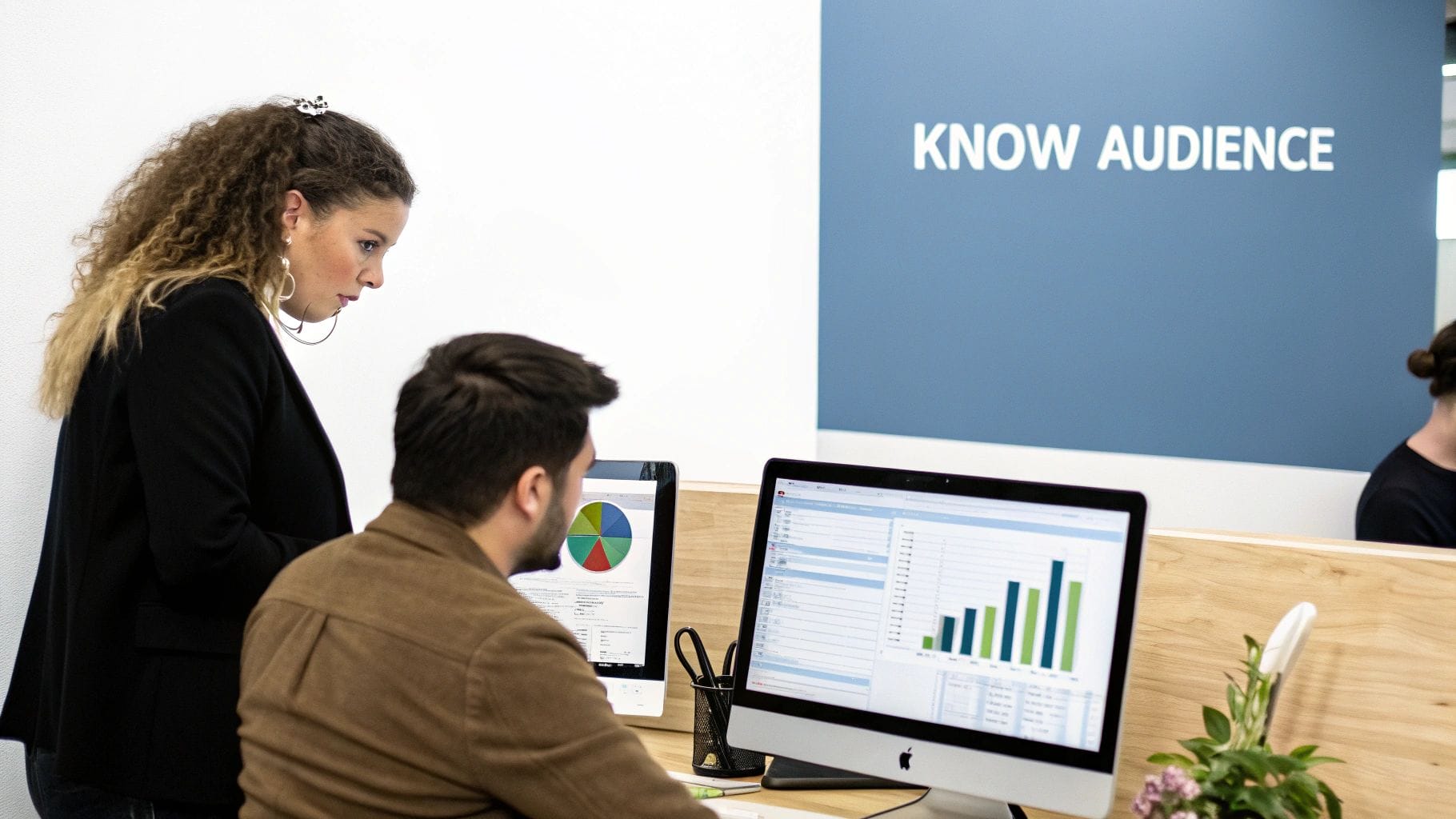 Two people work at computers with data charts on screens. A wall sign reads "KNOW AUDIENCE" as they strategize on how to increase conversion rates.