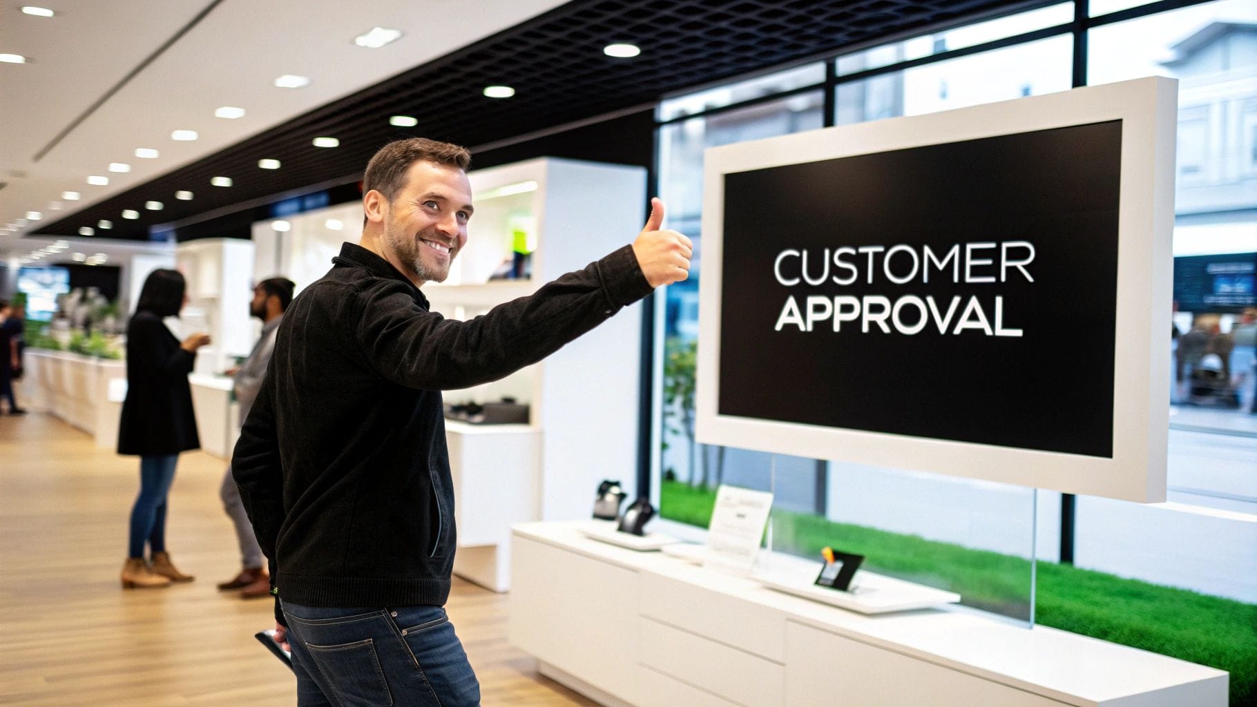 In a modern store, a man gives a thumbs up beside a large screen showcasing "Customer Approval," illustrating the power of social proof in marketing.