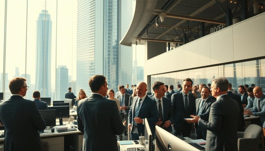 A group of professionals in suits discusses B2B strategies in a modern office, with large windows revealing the city skyscrapers outside.