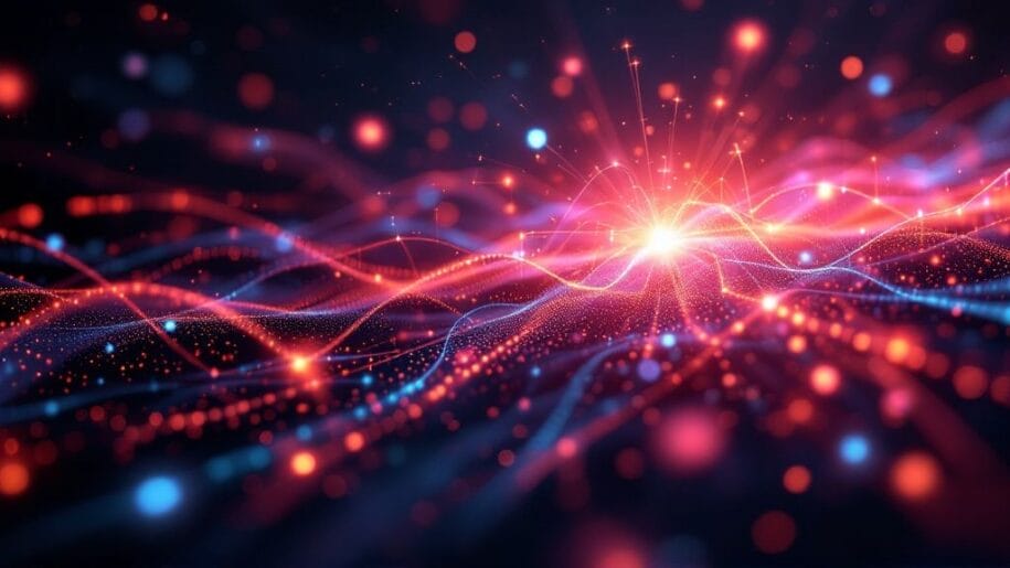 Abstract digital landscape with vibrant red, blue, and purple waves and glowing particles, forming dynamic lines and a bright central light.