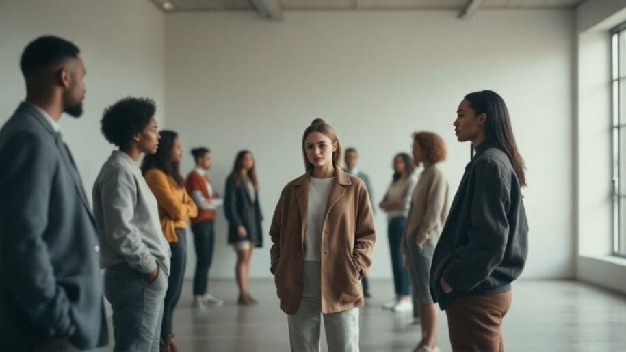 A group of people are standing in a spacious, well-lit room. Some are facing each other while others look off to the side. They're casually dressed, and the room has large windows.