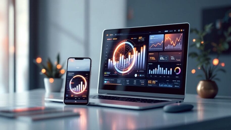 Laptop and smartphone on a desk displaying colorful circular and bar graphs in a modern office setting.