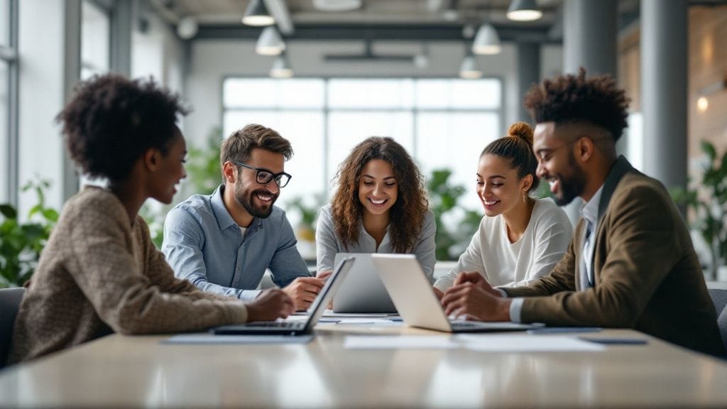 Diverse group of five people sitting around a table with laptops, collaborating and smiling in a modern office setting.