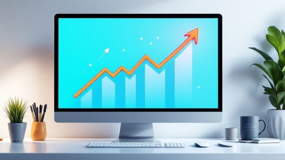 A computer monitor displays a bar chart with an upward arrow, indicating growth. It is on a desk with plants and a coffee mug nearby.