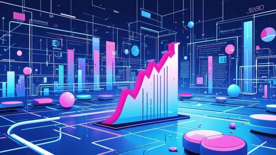 Digital illustration of a rising graph surrounded by floating geometric shapes, set against a futuristic, data-driven background.