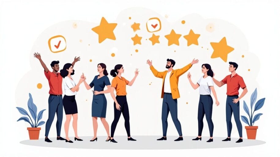 A group of six diverse people celebrating with high-fives and raised arms under floating stars and check marks, with potted plants on each side.