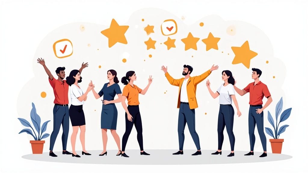 A group of six diverse people celebrating with high-fives and raised arms under floating stars and check marks, with potted plants on each side.