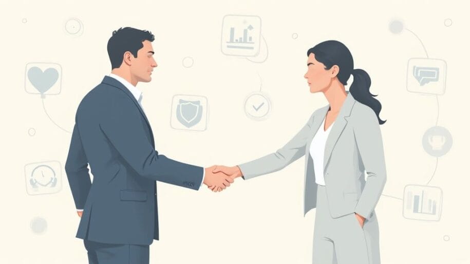 A man and a woman in business attire shake hands, standing in front of a backdrop with various outlined icons representing graphs, shields, speech bubbles, and symbols.