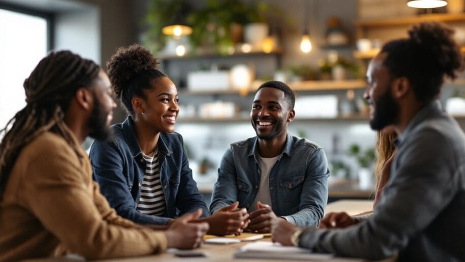 Four people, three men and one woman, sit at a table in a cozy, well-lit room, engaged in conversation and smiling, surrounded by shelves with plants.