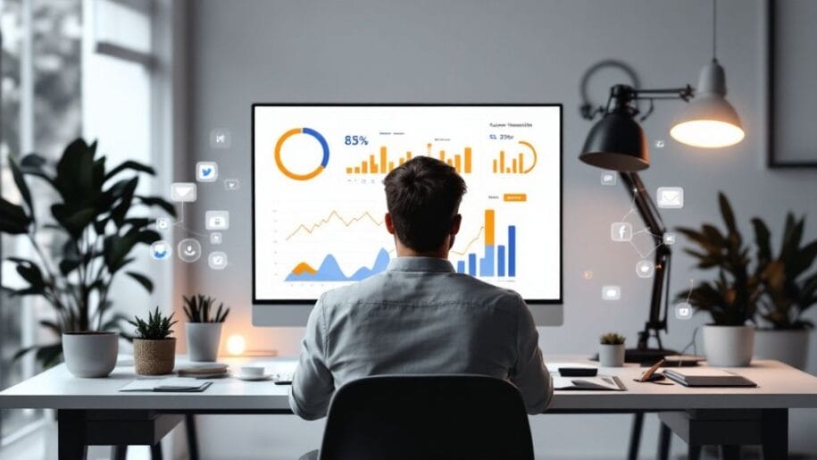 A person views charts and graphs on a large monitor at a desk with plants and a lamp. Social media icons float around, suggesting a focus on analytics and digital trends.