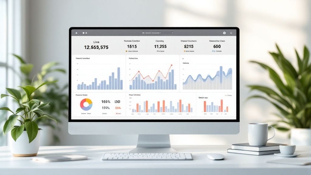 A computer monitor displays a dashboard with various graphs and metrics, highlighting social proof examples. Several potted plants are placed on a white desk in the bright room.