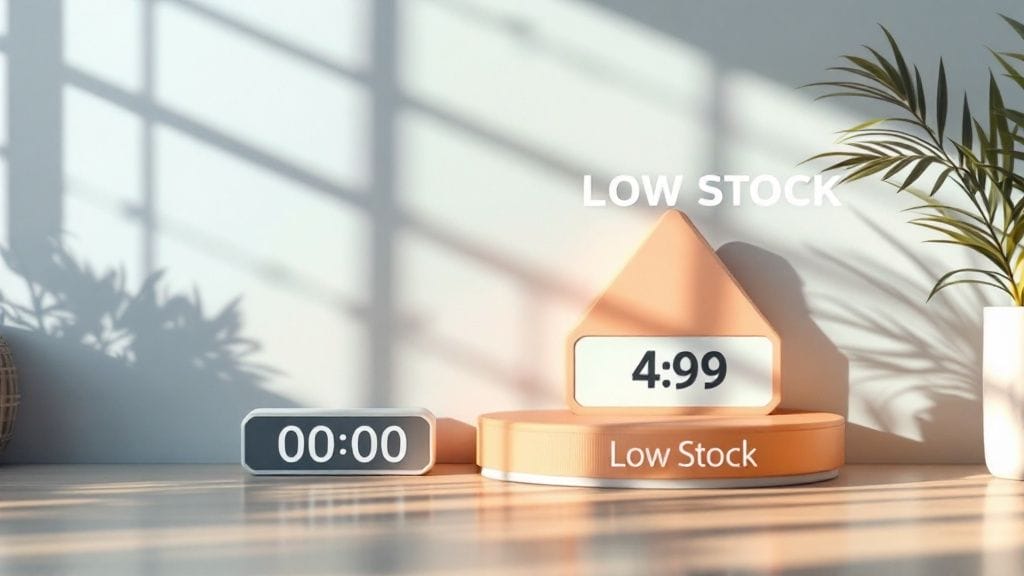 A digital display reads "Low Stock," accompanied by timers at "00:00" and "4:99," casting shadows over a stand with a potted plant—a subtle touch of urgency seen in social proof examples that drive action.